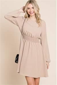 Long Sleeve Round Neck Smock Waist Dress